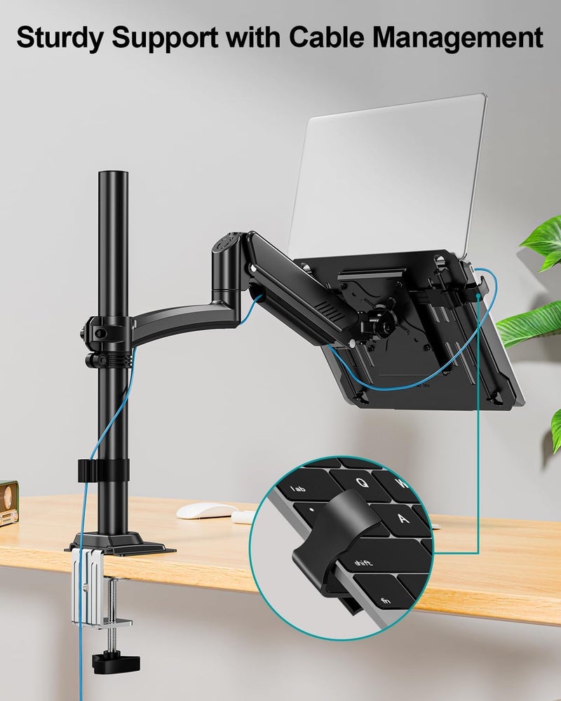 MOUNT PRO Laptop Arm Desk Mount, Single Monitor Stand with VESA Laptop Tray, Adjustable Lap Top Holder for Max 22lbs 17" Notebook & 32" Computer Screen, Swivel Notebook Bracket, Clamp on/Grommet Base - Image 4